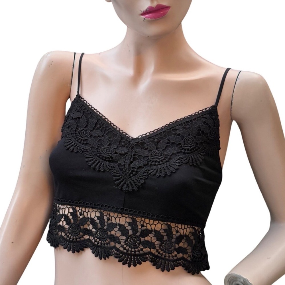 Topshop Black Lace Crop Cami Top Floral Trim Goth Festival Aesthetic Sz 6